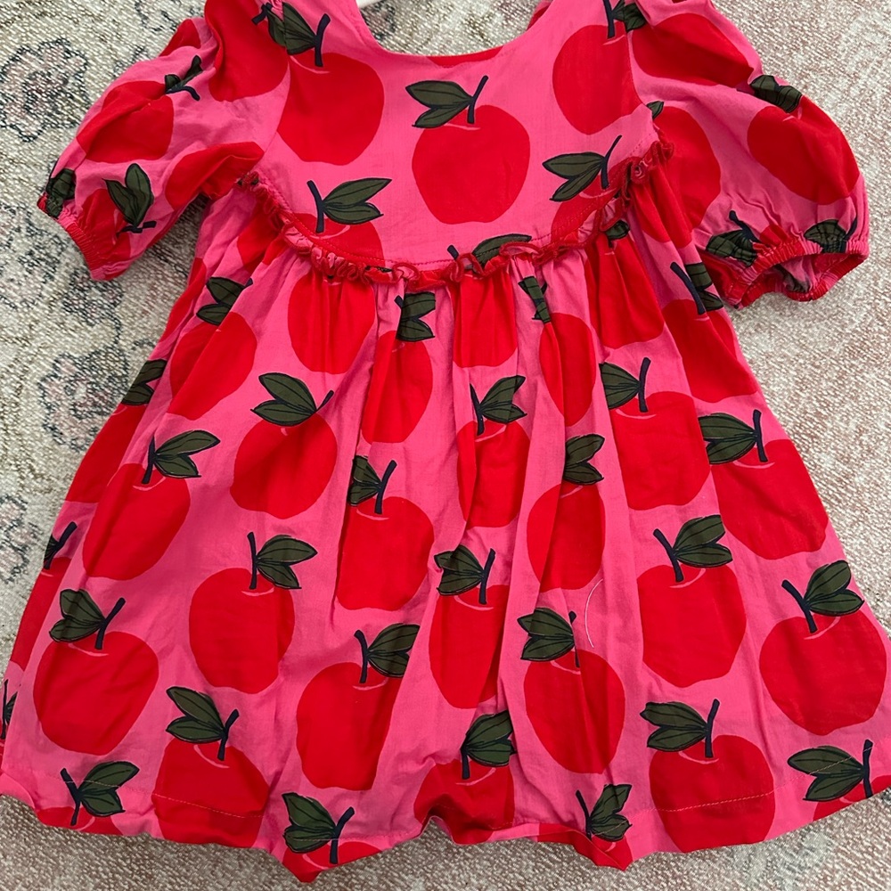 Pink Chicken Vibrant Pink Dress with Red and Green Apple Design
